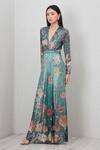 Buy_RANNA GILL_Teal Polyester Sequins V-neck Nora Floral Print Gown_Online_at_Aza_Fashions