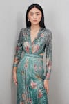 Shop_RANNA GILL_Teal Polyester Sequins V-neck Nora Floral Print Gown_Online_at_Aza_Fashions