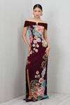 Buy_RANNA GILL_Wine Crepe Sequins, Embroidery Glen Floral Print Thigh-high Slit Gown_at_Aza_Fashions