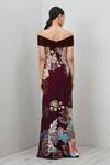 Shop_RANNA GILL_Wine Crepe Sequins, Embroidery Glen Floral Print Thigh-high Slit Gown_at_Aza_Fashions