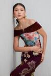 RANNA GILL_Wine Crepe Sequins, Embroidery Glen Floral Print Thigh-high Slit Gown_Online_at_Aza_Fashions