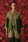 Shalkii_Green Silk, Organza Embroidery, Sequins, Pearls, Zari Split Kurta Gharara Set _at_Aza_Fashions