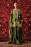 Buy_Shalkii_Green Silk, Organza Embroidery, Sequins, Pearls, Zari Split Kurta Gharara Set _at_Aza_Fashions