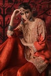 Shop_Shalkii_Orange Silk, Organza Embroidery, Sequins, Pearls, Zari Short Kurta And Gharara Set _Online_at_Aza_Fashions
