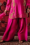 Shalkii_Pink Silk, Brocade Embroidery, Pearls V-neck Kurta Farshi Salwar Set _Online_at_Aza_Fashions