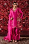Buy_Shalkii_Pink Silk, Brocade Embroidery, Pearls V-neck Kurta Farshi Salwar Set _at_Aza_Fashions