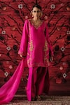 Shop_Shalkii_Pink Silk, Brocade Embroidery, Pearls V-neck Kurta Farshi Salwar Set _Online_at_Aza_Fashions