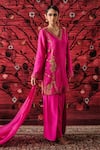 Buy_Shalkii_Pink Silk, Brocade Embroidery, Pearls V-neck Kurta Farshi Salwar Set 