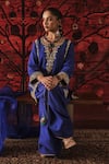 Buy_Shalkii_Blue Silk, Organza Embroidery, Sequins V-neck Kalidar Kurta And Salwar Set _at_Aza_Fashions