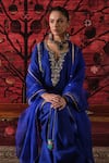 Shop_Shalkii_Blue Silk, Organza Embroidery, Sequins V-neck Kalidar Kurta And Salwar Set _Online_at_Aza_Fashions