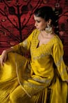 Shop_Shalkii_Yellow Silk, Organza Embroidery, Sequins, Pearls Split V-neck Kurta Gharara Set 