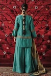 Shop_Shalkii_Green Silk, Tissue Embroidery, Sequins, Zari Split Short Kurta Gharara Set _at_Aza_Fashions