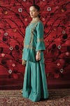 Shalkii_Green Silk, Tissue Embroidery, Sequins, Zari Split Short Kurta Gharara Set _at_Aza_Fashions
