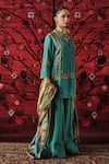Shop_Shalkii_Green Silk, Tissue Embroidery, Sequins, Zari Split Short Kurta Gharara Set 
