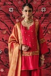 Shop_Shalkii_Red Silk, Tissue Embroidery, Cut Work, Sequins, Zari Short Kurta Gharara Set _Online_at_Aza_Fashions