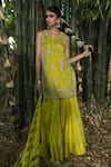 Buy_Shalkii_Yellow Tissue, Silk Embroidery, Pearls, Zari Round Neck Kurta Gharara Set _at_Aza_Fashions