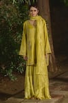 Shop_Shalkii_Yellow Tissue, Silk, Chanderi Embroidery, Pearls, Kurta Crushed Sharara Set _at_Aza_Fashions
