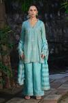 Shop_Shalkii_Aqua Silk, Tissue, Chanderi Embroidery, Pearls, Zari Kalidar Kurta And Pant Set _at_Aza_Fashions