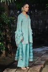 Shalkii_Aqua Silk, Tissue, Chanderi Embroidery, Pearls, Zari Kalidar Kurta And Pant Set _Online_at_Aza_Fashions
