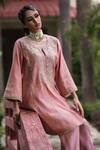 Shalkii_Pink Silk, Tissue Embroidery, Sequins, Pearls, Zari Split V-neck And Kurta Set _Online_at_Aza_Fashions