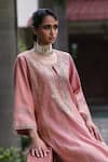 Buy_Shalkii_Pink Silk, Tissue Embroidery, Sequins, Pearls, Zari Split V-neck And Kurta Set _Online_at_Aza_Fashions