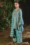 Shalkii_Blue Silk, Tissue Embroidery, Sequins, Pearls, Short Kurta And Farshi Salwar Set _at_Aza_Fashions