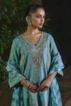 Shalkii_Blue Silk, Tissue Embroidery, Sequins, Pearls, Short Kurta And Farshi Salwar Set _Online