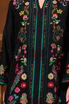 Taroob_Black Shantoon, Silk Embroidery Split V-neck Dancing Feathers Kurta And Pant Set _Online_at_Aza_Fashions