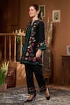 Taroob_Black Shantoon, Silk Embroidery Split V-neck Dancing Feathers Kurta And Pant Set _at_Aza_Fashions