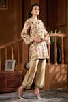 Buy_Taroob_Beige Shantoon Embroidery Split V-neck Gulsitar Kurta And Pant Set _Online_at_Aza_Fashions