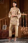 Taroob_Beige Shantoon Embroidery Split V-neck Gulsitar Kurta And Pant Set _at_Aza_Fashions