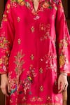Taroob_Fuchsia Silk Embroidery Split V-neck Mor Mahal Kurta And Pant Set _Online_at_Aza_Fashions