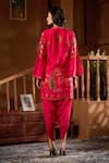 Shop_Taroob_Fuchsia Silk Embroidery Split V-neck Mor Mahal Kurta And Pant Set _at_Aza_Fashions