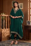Shop_Taroob_Emerald Green Silk Organza Embroidery V-neck Hand Embellished Kurta And Pant Set _Online_at_Aza_Fashions