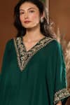 Taroob_Emerald Green Silk Organza Embroidery V-neck Hand Embellished Kurta And Pant Set _at_Aza_Fashions