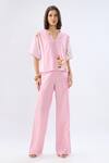 Raw & Rustic By Niti Bothra_Pink Linen, Cotton Piping Split V-neck Striped Floral Print Top And Pant Set _Online_at_Aza_Fashions