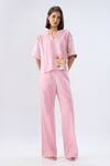 Buy_Raw & Rustic By Niti Bothra_Pink Linen, Cotton Piping Split V-neck Striped Floral Print Top And Pant Set _at_Aza_Fashions