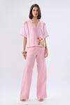 Shop_Raw & Rustic By Niti Bothra_Pink Linen, Cotton Piping Split V-neck Striped Floral Print Top And Pant Set _Online_at_Aza_Fashions