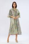 Buy_Raw & Rustic By Niti Bothra_Blue Linen, Cotton Embroidery, Beads V-neck Floral Print Kaftan Dress _at_Aza_Fashions