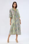 Buy_Raw & Rustic By Niti Bothra_Blue Linen, Cotton Embroidery, Beads V-neck Floral Print Kaftan Dress _Online_at_Aza_Fashions