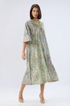 Shop_Raw & Rustic By Niti Bothra_Blue Linen, Cotton Embroidery, Beads V-neck Floral Print Kaftan Dress _Online_at_Aza_Fashions