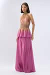 Buy_Raw & Rustic By Niti Bothra_Pink Organza, Tencel, Silk Beads, Floral Print Peplum Top And Flared Pant Set 