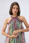 Raw & Rustic By Niti Bothra_Green Organza Beads Halter Neck Multicolor Printed Dress _Online_at_Aza_Fashions