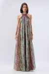 Buy_Raw & Rustic By Niti Bothra_Green Organza Beads Halter Neck Multicolor Printed Dress _at_Aza_Fashions