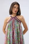 Raw & Rustic By Niti Bothra_Green Organza Beads Halter Neck Multicolor Printed Dress _at_Aza_Fashions