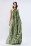 Buy_Raw & Rustic By Niti Bothra_Green Organza Beads, Embroidery Halter Neck Dark Printed Dress _at_Aza_Fashions