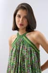Buy_Raw & Rustic By Niti Bothra_Green Organza Beads, Embroidery Halter Neck Dark Printed Dress 