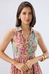 Raw & Rustic By Niti Bothra_Pink Tencel, Silk Collared Multicolor Sleeveless Floral Print Dress _Online_at_Aza_Fashions