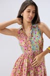 Raw & Rustic By Niti Bothra_Pink Tencel, Silk Collared Multicolor Sleeveless Floral Print Dress _at_Aza_Fashions