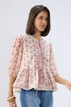 Raw & Rustic By Niti Bothra_Ivory Linen, Cotton Lace Round Neck Floral Print Peplum Top _Online_at_Aza_Fashions